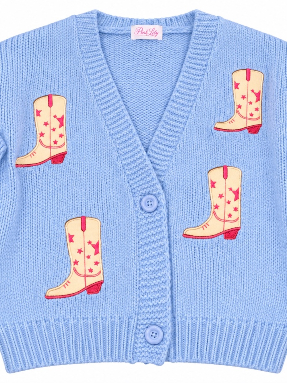 Pink Lily Blue Cardigan with Cowboy Boot Appliqués